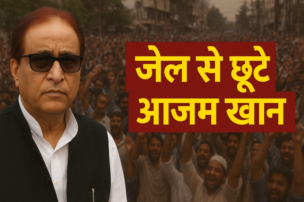 आज़म खान की रिहाई का जश्न मनाते समर्थक और जेल से बाहर आते आज़म खान की ताज़ा तस्वीर