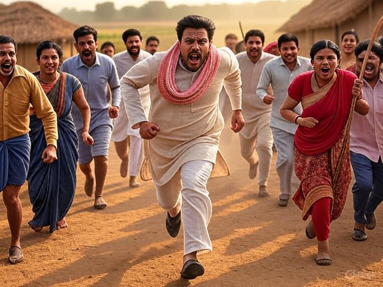 बदलाव की किरण 2.O shows a symbolic scene where a local politician and his IT cell are running away, while the villagers of Sabada chase them with sticks and lathis. This horizontal featured image highlights the struggle of common people against political pressure, social media harassment, and the demand for unity, brotherhood, and positive change in the village.