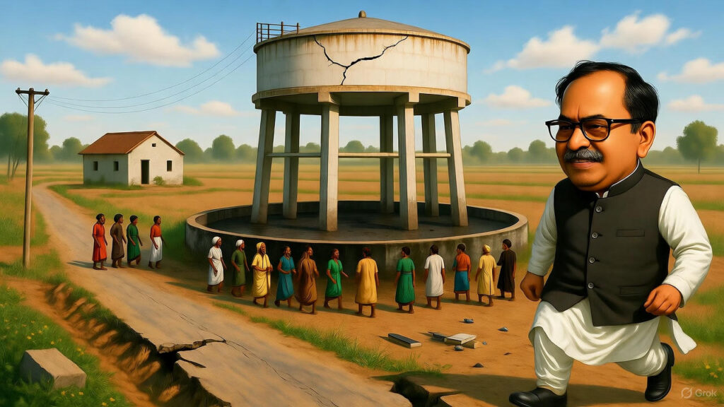 बदलाव की किरण 6.0: ग्रामीण गाँव के बाहर का दृश्य, जहाँ एक अकेली ऊँची पानी की टंकी खड़ी है, जिसके मजबूत खम्भे हैं और ऊपर पानी की टंकी बनी हुई है। टंकी अंदर से सूखी और खाली दिख रही है, जिस से लापरवाही और परित्याग का अहसास होता है। आसपास का माहौल उजाड़ और बंजर है: टूटी-फूटी सड़कें, सूखे खेत, बिखरे हुए कचरे, और जर्जर घर। गाँव के लोग एक तरफ इकट्ठा होकर गुस्से में अपनी शिकायत कर रहे हैं। गाँव के प्रधान थोड़े मोटे शरीर वाले, चश्मा पहने और पारंपरिक प्रधान पोशाक में, भागते हुए दिख रहे हैं। उजली दिन की रोशनी, धूल भरा वातावरण, यथार्थवादी और थोड़ा नाटकीय मूड। सभी विवरण शामिल करें: टंकी का क्रैक दिखना, टूटे हुए रास्ते, बिखरा कचरा, नाराज लोग, और प्रमुख रूप से पृष्ठभूमि में खड़ी टंकी।