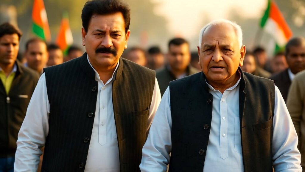 कांशीराम और मुलायम सिंह यादव सामाजिक न्याय की दो राहें एक मंजिल दर्शाती हुई यथार्थवादी तस्वीर, जिसमें दोनों नेता साथ चलते हुए दिख रहे हैं और पृष्ठभूमि में सामाजिक संघर्ष और एकजुटता का दृश्य दिखाई दे रहा है।