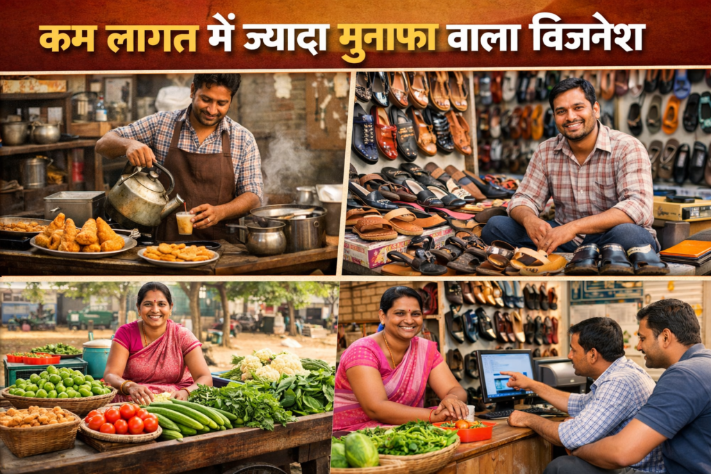 कम लागत में ज्यादा मुनाफा वाला बिजनेस के छोटे व्यापार जैसे चाय स्टॉल, सब्जी बिक्री, जूते चप्पल दुकान और ऑनलाइन सेवा केंद्र
