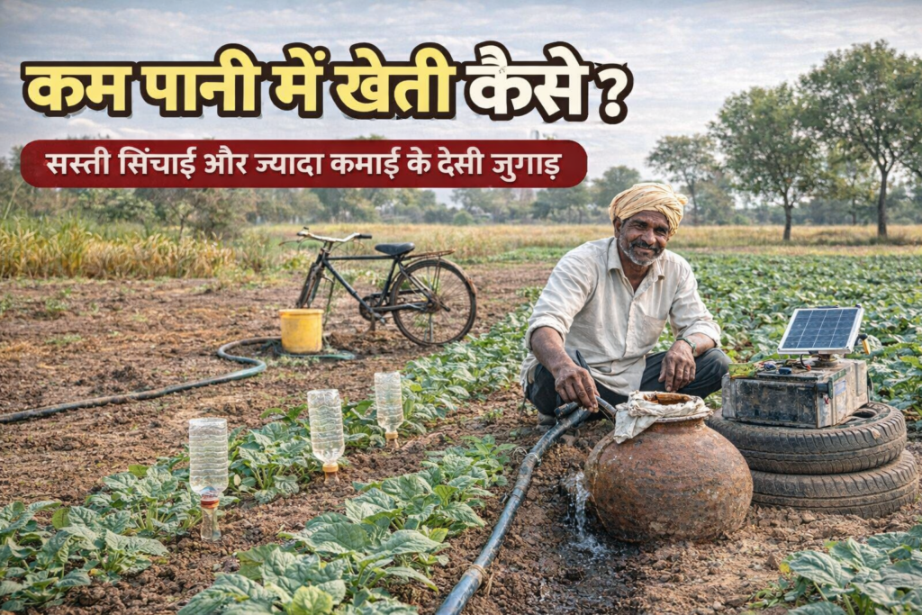 कम पानी में खेती कैसे करें कम पानी में खेती करते हुए भारतीय किसान द्वारा मिट्टी के घड़े ड्रिप सिंचाई पाइप और बोतल ड्रिप सिस्टम का उपयोग करते हुए खेत में सस्ती सिंचाई का देसी जुगाड़ दिखाया गया है